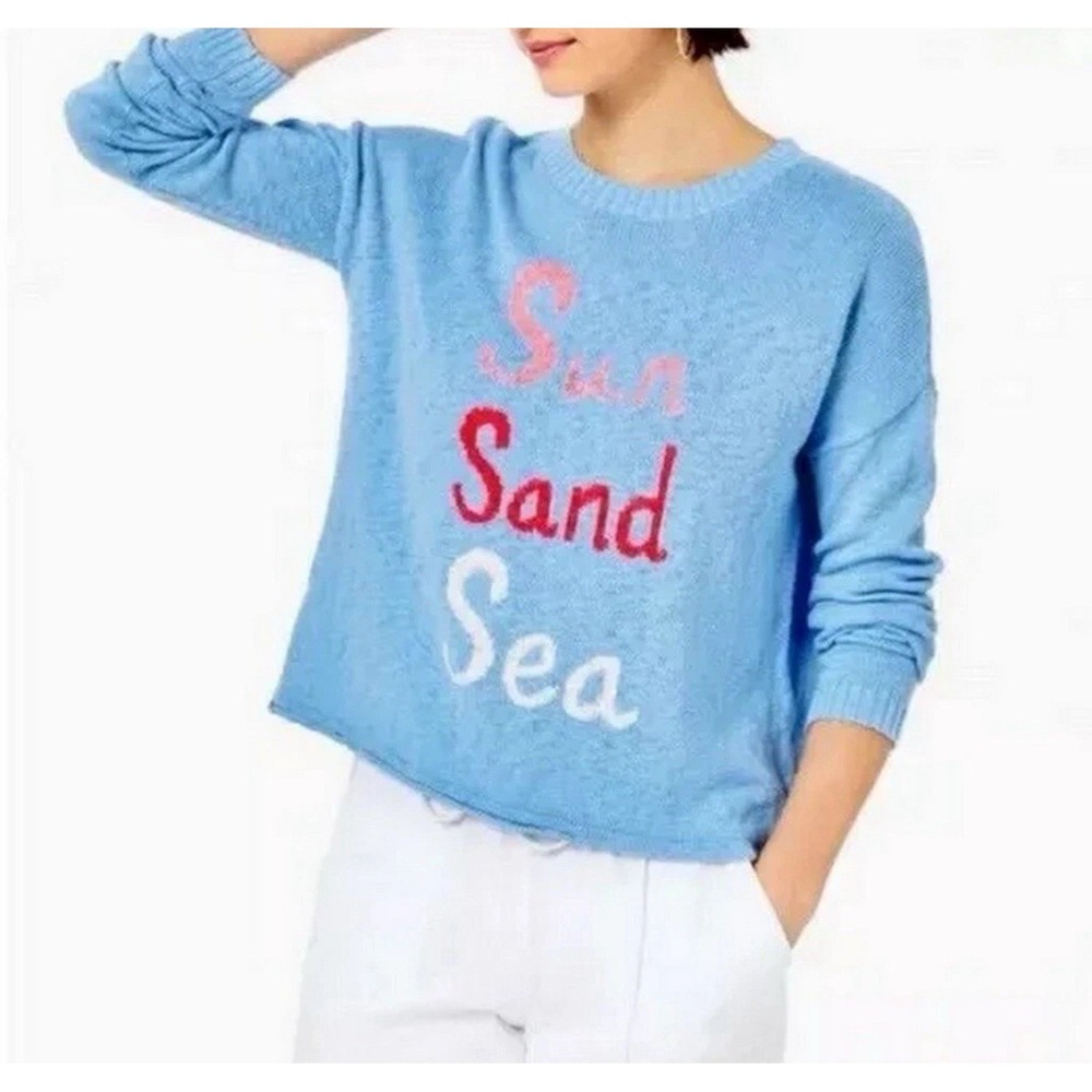 Lilly Pulitzer Blue Crew Neck Sweater with Pink and White Accents